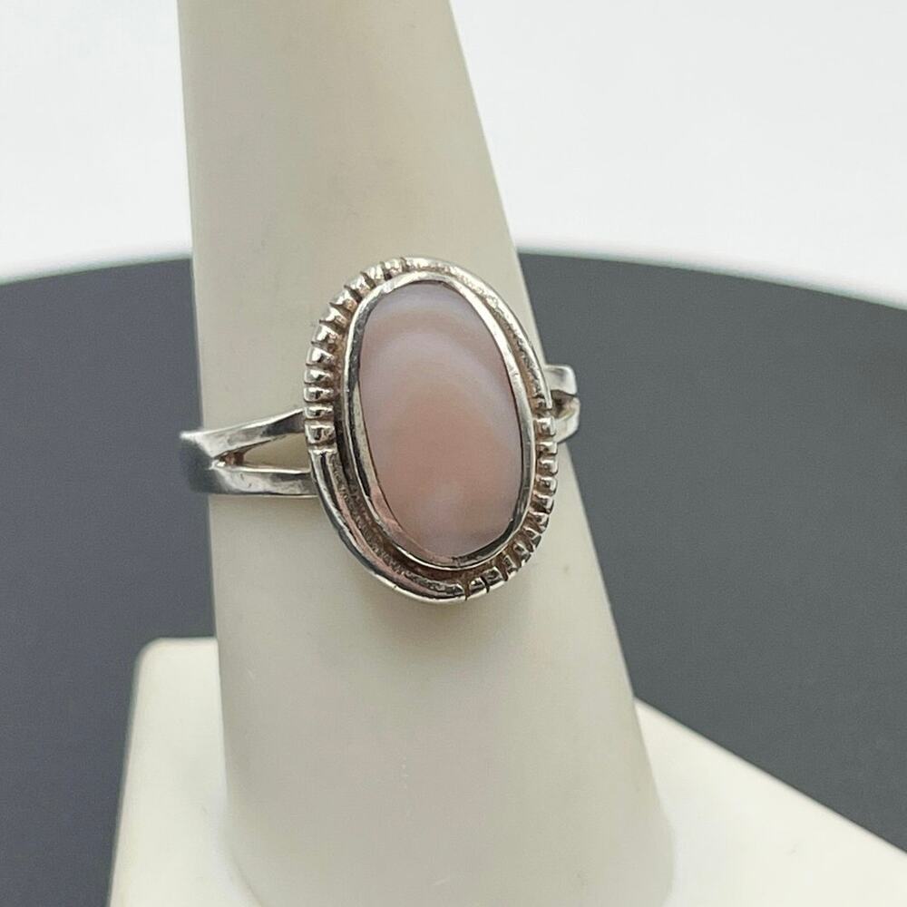 Sterling Silver 925 Vintage Bezel‎ Set Oval Pink Gemstone Ring Sz 8.25